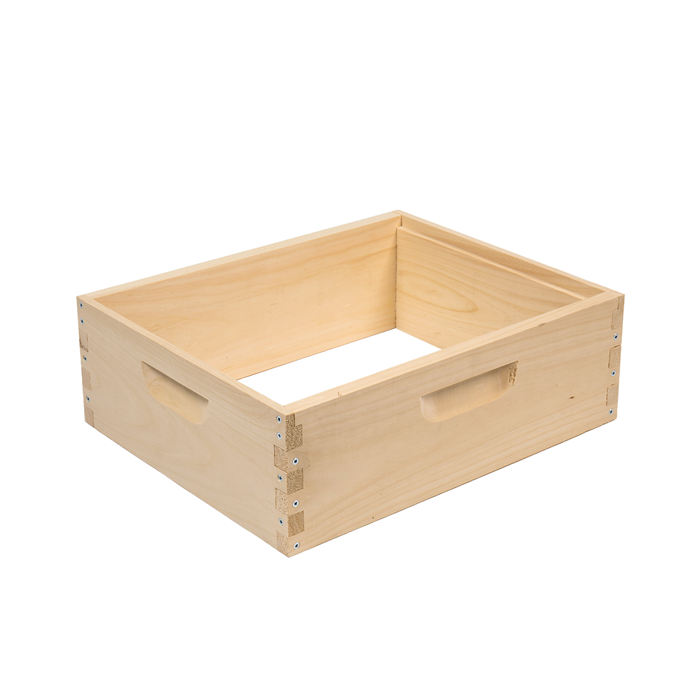 Handcrafted wooden beehive box with smooth natural finish, dovetail joints, and built-in handles, part of Amish made beekeeping supplies in Farm, Garden & Tool collection.