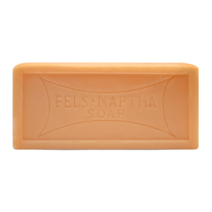 Light tan rectangular bar of handcrafted laundry soap embossed with "Fels-Naptha Soap," made in USA, ideal for Home & Decor, Soaps and Soapmaking, Laundry Supplies, and Best Sellers collections.