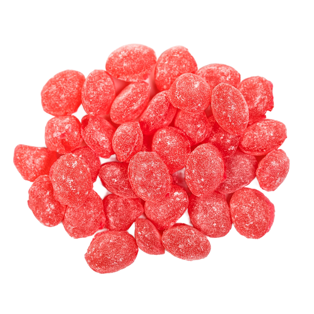 Close-up of sugar-coated hard candy pieces in bright red, showcasing a handcrafted classic American sweet favored in Kitchen & Food, Candy, USA Made, and Best Sellers collections.