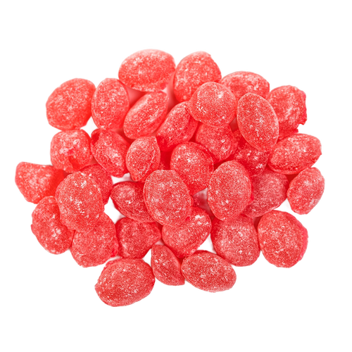 Close-up of sugar-coated hard candy pieces in bright red, showcasing a handcrafted classic American sweet favored in Kitchen & Food, Candy, USA Made, and Best Sellers collections.