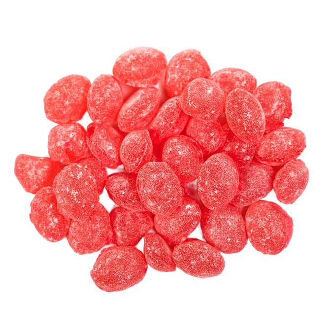 Close-up of sugar-coated hard candy pieces in bright red, showcasing a handcrafted classic American sweet favored in Kitchen & Food, Candy, USA Made, and Best Sellers collections.