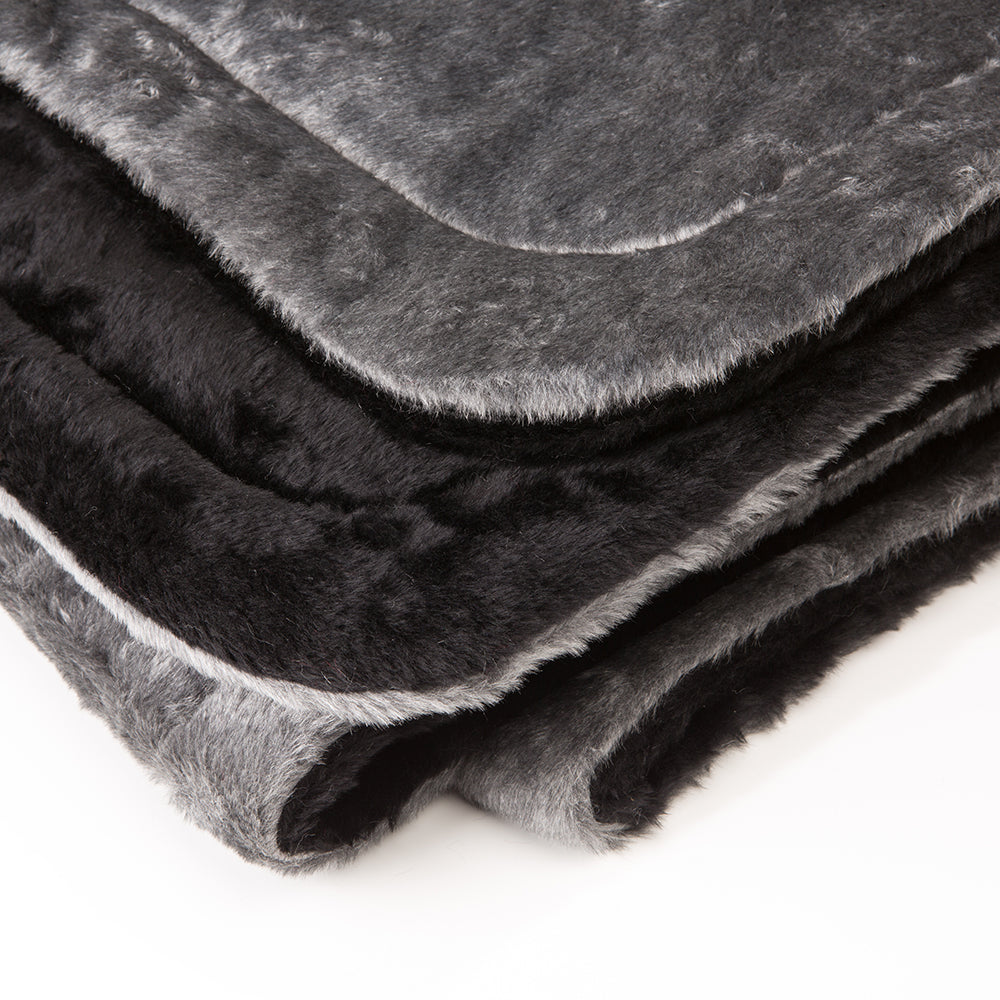 Soft handcrafted Amish made lap robe in dark gray and black with plush faux fur exterior and quilted synthetic lining, ideal for Home Textiles, Emergency Supplies, and USA Made collections.