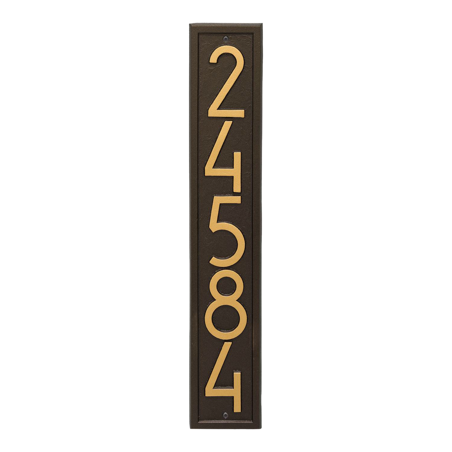 Handcrafted vertical address plaque in aged bronze with bold contemporary numbers, made in USA, ideal for adding curb appeal in Home & Decor and Mailboxes and Address Signs collections.