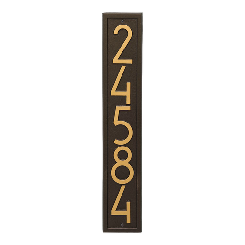 Handcrafted vertical address plaque in aged bronze with bold contemporary numbers, made in USA, ideal for adding curb appeal in Home & Decor and Mailboxes and Address Signs collections.