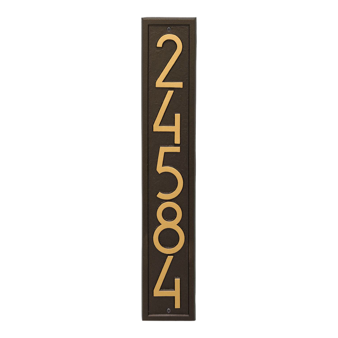 Handcrafted vertical address plaque in aged bronze with bold contemporary numbers, made in USA, ideal for adding curb appeal in Home & Decor and Mailboxes and Address Signs collections.