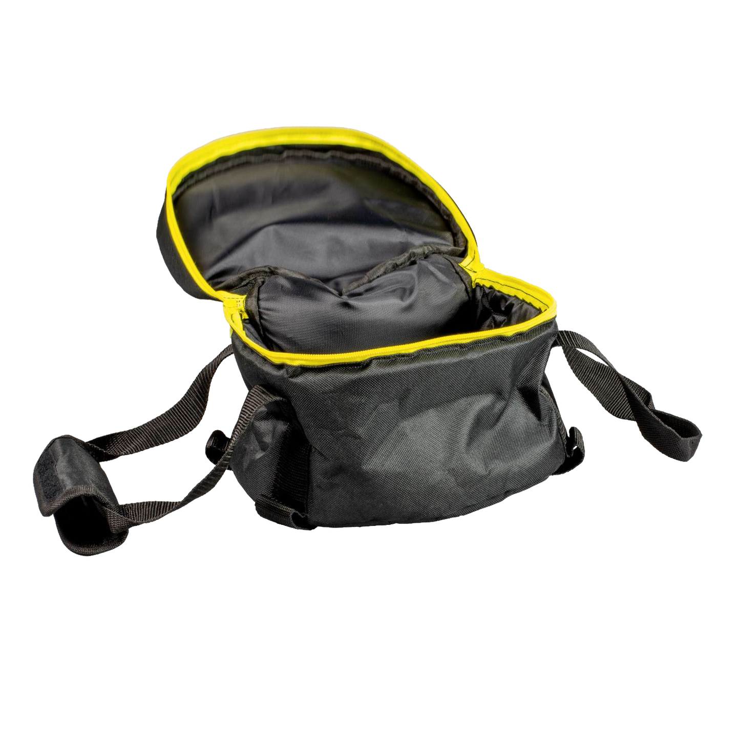 Black and yellow Lodge Camp Dutch Oven tote bag made from weather-resistant polyester with thick padding, sturdy straps, and a self-healing zipper, ideal for camping, cookware, and outdoor use.
