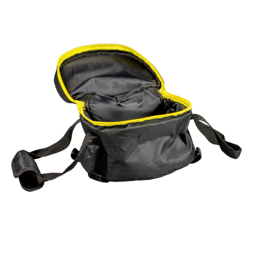 Black and yellow Lodge Camp Dutch Oven tote bag made from weather-resistant polyester with thick padding, sturdy straps, and a self-healing zipper, ideal for camping, cookware, and outdoor use.