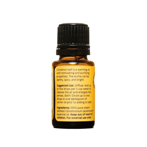 Amber glass bottle of handcrafted cinnamon leaf essential oil with black cap and detailed label, made in USA for aromatherapy, soapmaking, candlemaking, and health remedies.