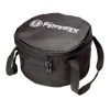 Black durable ripstop fabric transport bag with zipper closure and dual carrying handles, designed for safely storing and carrying Dutch ovens, suited for camping and farm tool use.