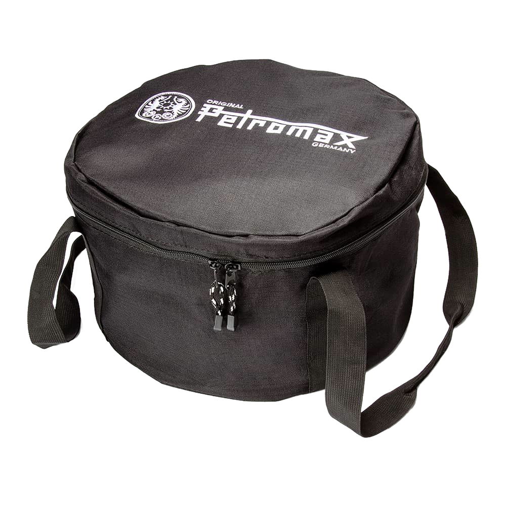 Black durable ripstop fabric transport bag with zipper closure and dual carrying handles, designed for safely storing and carrying Dutch ovens, suited for camping and farm tool use.