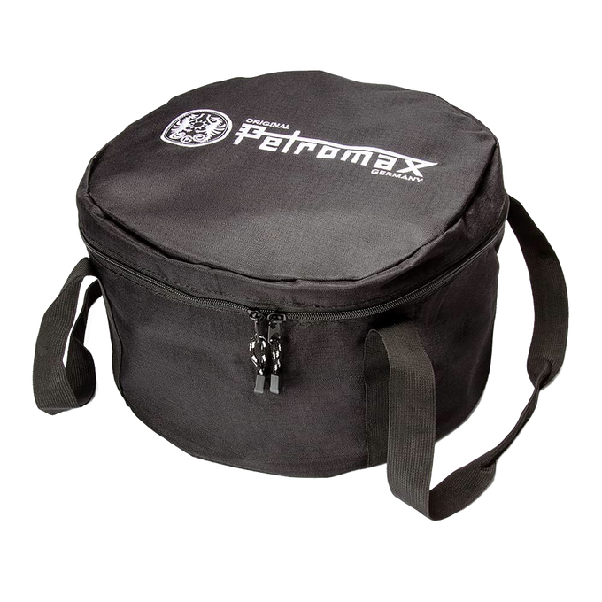 Black durable ripstop fabric transport bag with zipper closure and dual carrying handles, designed for safely storing and carrying Dutch ovens, suited for camping and farm tool use.
