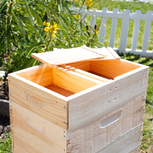 Handcrafted wooden top feeder with built-in floats designed for 8-frame hives, Amish made in the USA, perfect for beekeeping in farm, garden & tool collections.