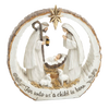 Handcrafted resin nativity scene carved to resemble a bark slice with the Holy Family and lambs beneath a star, featuring the inscription "For unto us a child is born," ideal for Home & Decor, Holiday Decor, Best Sellers, and Promo Eligible collections.