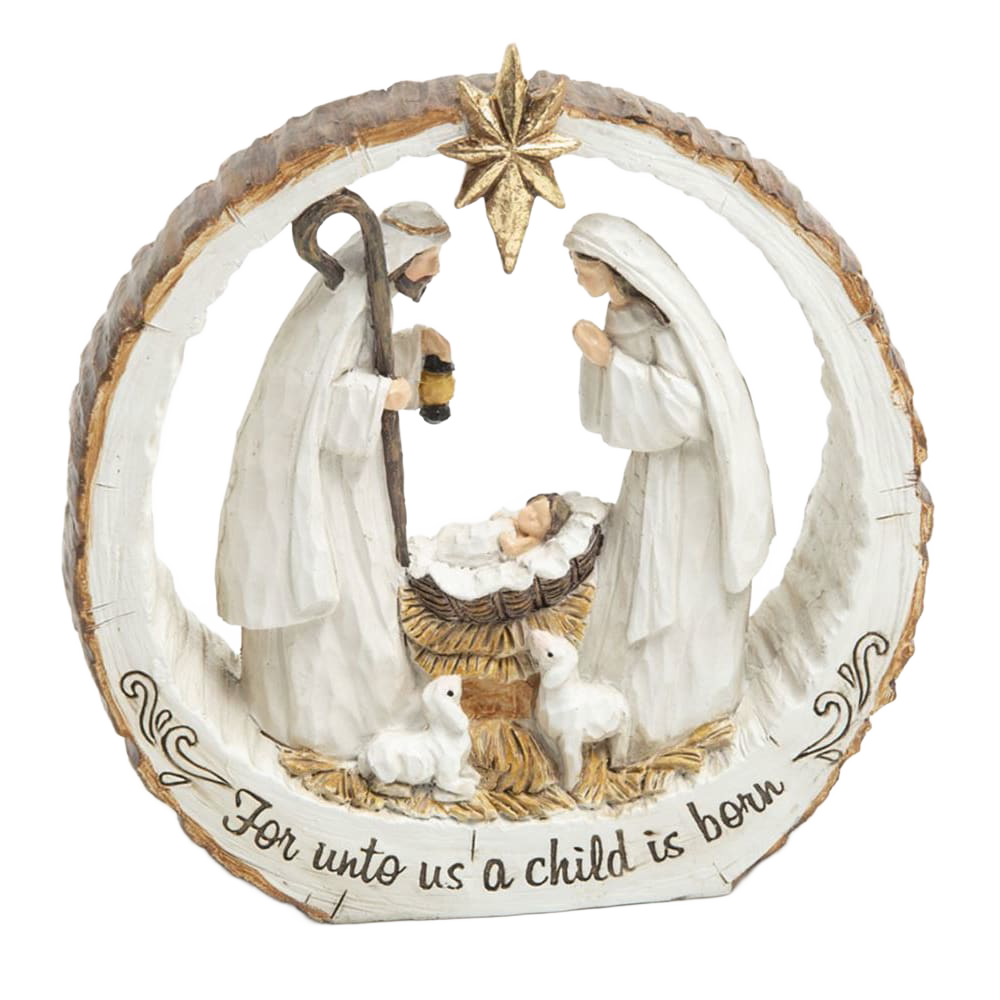 Handcrafted resin nativity scene carved to resemble a bark slice with the Holy Family and lambs beneath a star, featuring the inscription "For unto us a child is born," ideal for Home & Decor, Holiday Decor, Best Sellers, and Promo Eligible collections.