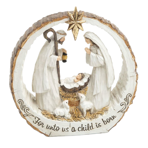 Handcrafted resin nativity scene carved to resemble a bark slice with the Holy Family and lambs beneath a star, featuring the inscription "For unto us a child is born," ideal for Home & Decor, Holiday Decor, Best Sellers, and Promo Eligible collections.
