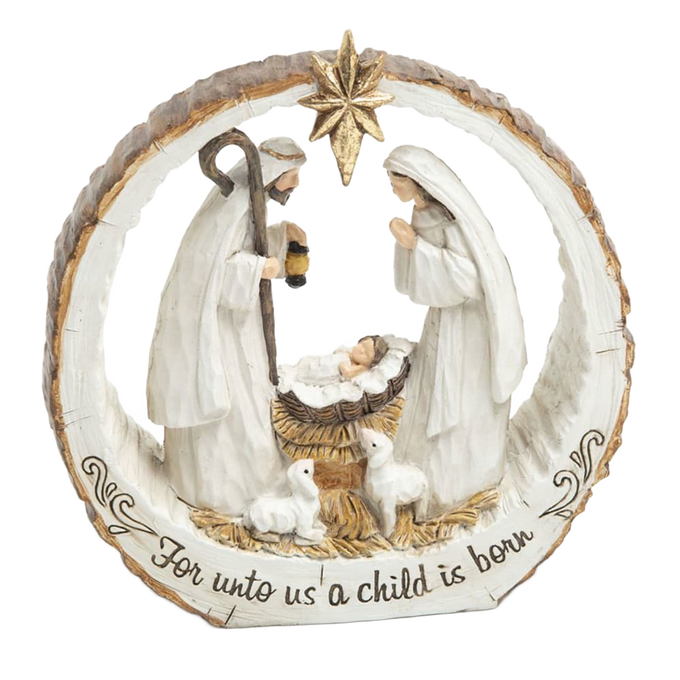 Handcrafted resin nativity scene carved to resemble a bark slice with the Holy Family and lambs beneath a star, featuring the inscription "For unto us a child is born," ideal for Home & Decor, Holiday Decor, Best Sellers, and Promo Eligible collections.