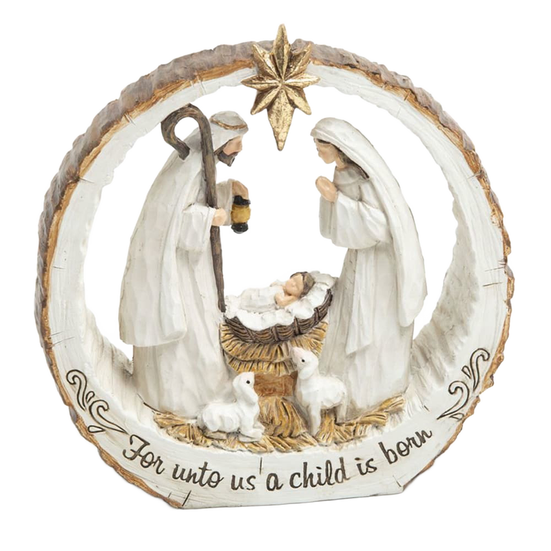 Handcrafted resin nativity scene carved to resemble a bark slice with the Holy Family and lambs beneath a star, featuring the inscription "For unto us a child is born," ideal for Home & Decor, Holiday Decor, Best Sellers, and Promo Eligible collections.