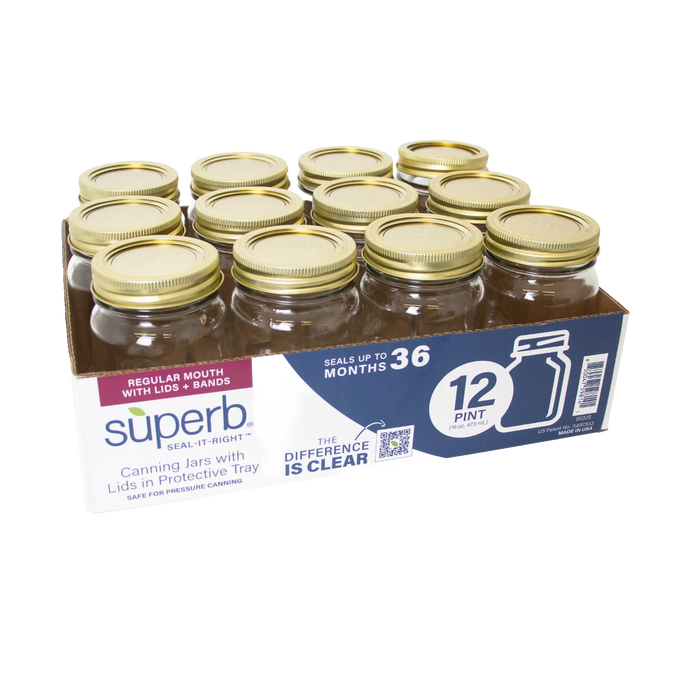 Set of twelve handcrafted American-made regular-mouth canning jars with metal lids and bands, packaged in a protective tray, ideal for food preservation in Kitchen & Food collections.