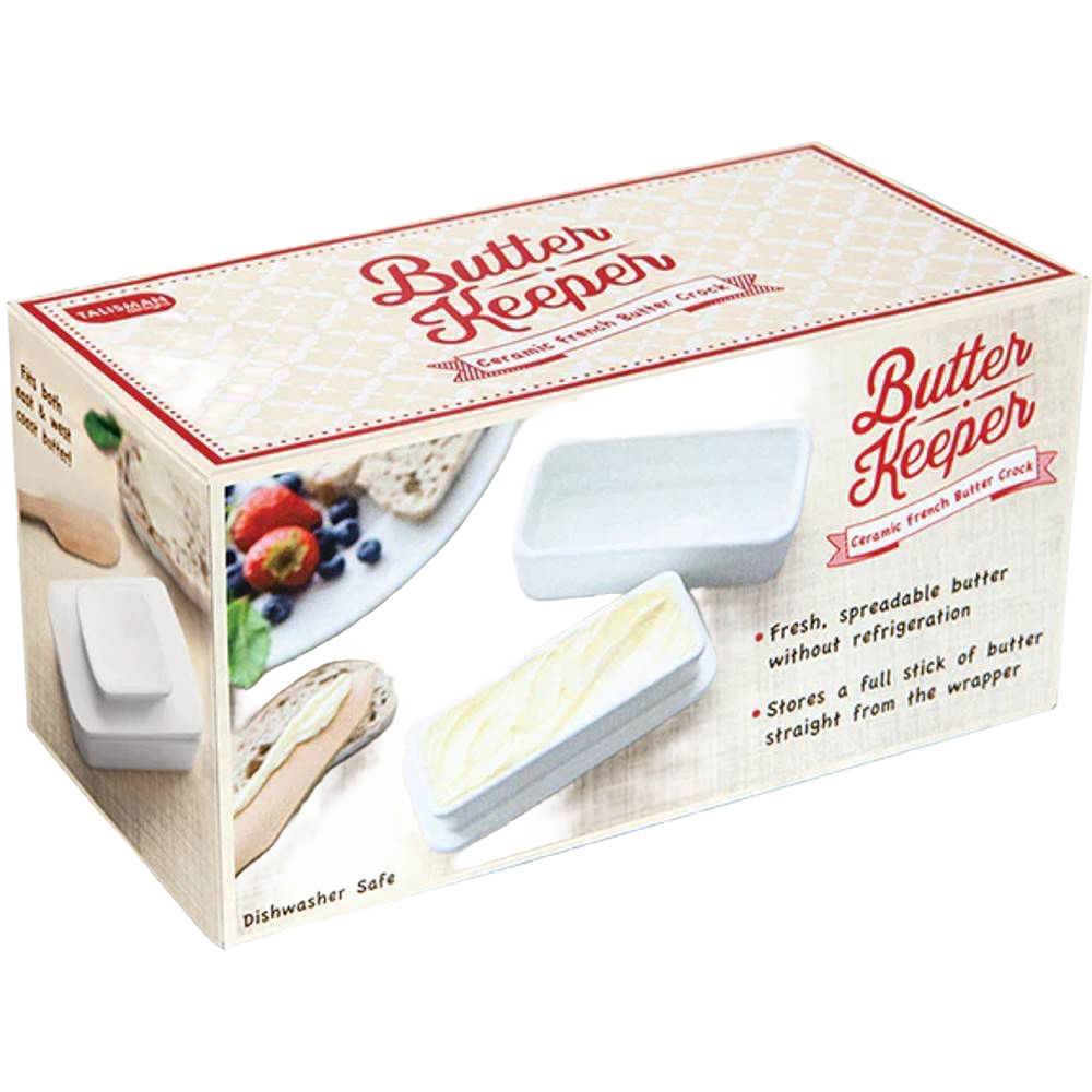 Rectangular ceramic butter keeper with fitted lid, designed for fresh, spreadable butter storage without refrigeration, part of Kitchen & Food and Specialty Equipment collections.
