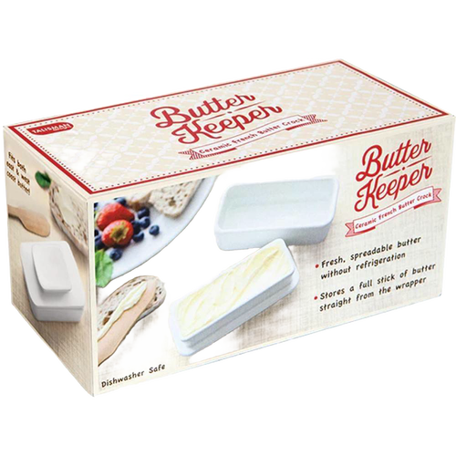 Rectangular ceramic butter keeper with fitted lid, designed for fresh, spreadable butter storage without refrigeration, part of Kitchen & Food and Specialty Equipment collections.