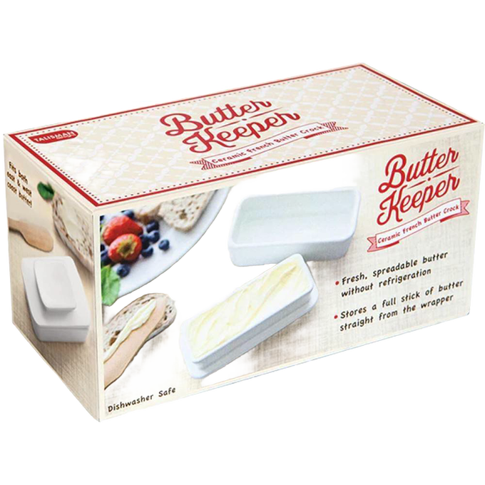 Rectangular ceramic butter keeper with fitted lid, designed for fresh, spreadable butter storage without refrigeration, part of Kitchen & Food and Specialty Equipment collections.