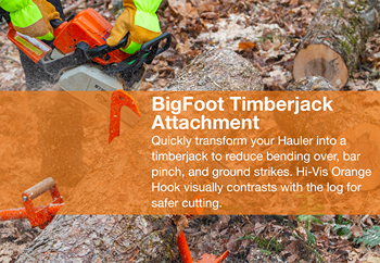 Close-up of a bright orange timberjack attachment in use on a fallen log, demonstrating safer wood handling with high-visibility contrast, featured in Farm, Garden & Tool and Wood Cutting collections.