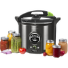 Sleek digital pressure canner with black and stainless steel finish, featuring a clear digital display and safety lid, surrounded by assorted sealed jars of preserved fruits and vegetables, ideal for Kitchen & Food and Food Preservation collections.