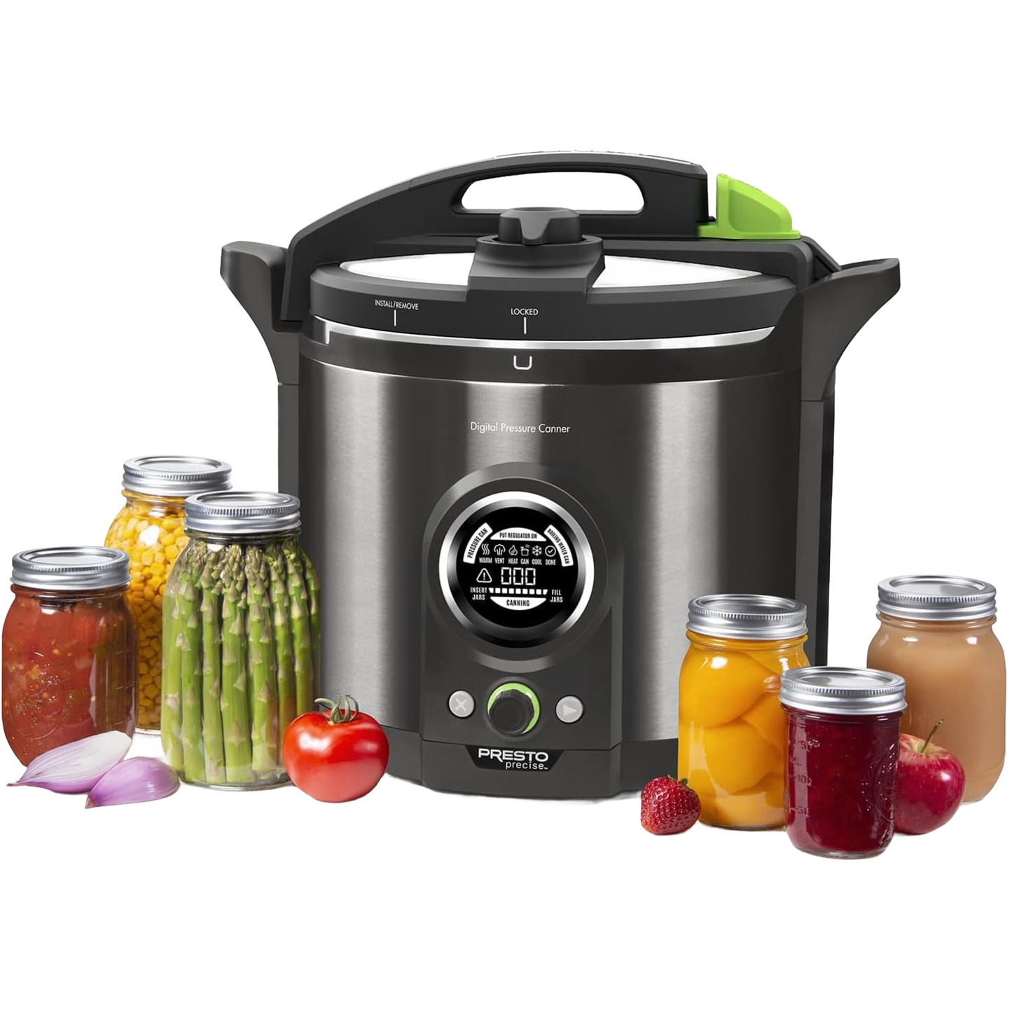 Sleek digital pressure canner with black and stainless steel finish, featuring a clear digital display and safety lid, surrounded by assorted sealed jars of preserved fruits and vegetables, ideal for Kitchen & Food and Food Preservation collections.