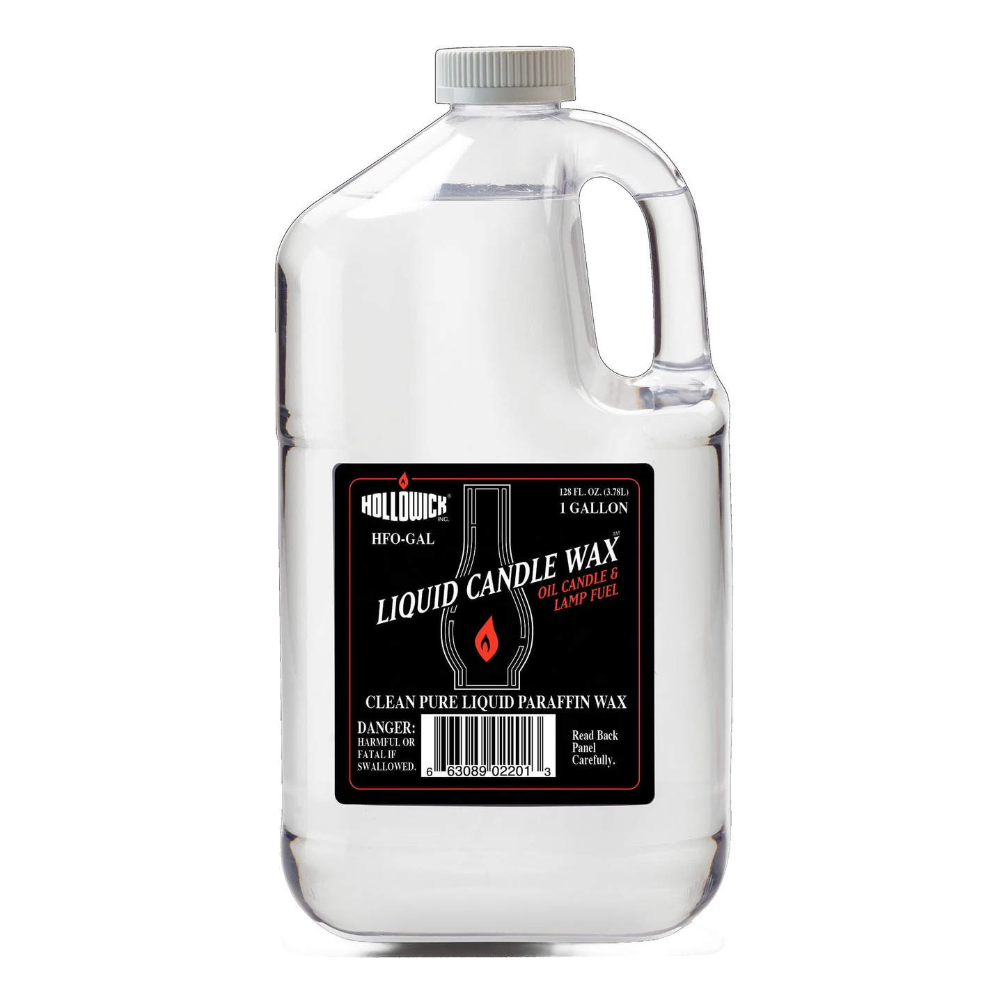 Clear plastic 1-gallon jug of liquid candle wax fuel with black label and red flame icon, featured in Lamps & Lighting, Parts and Accessories, Lamp and Lantern Fuel, Best Sellers, and Promo Eligible collections.
