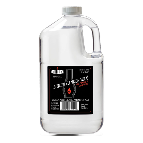 Clear plastic 1-gallon jug of liquid candle wax fuel with black label and red flame icon, featured in Lamps & Lighting, Parts and Accessories, Lamp and Lantern Fuel, Best Sellers, and Promo Eligible collections.