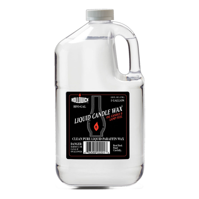 Clear plastic 1-gallon jug of liquid candle wax fuel with black label and red flame icon, featured in Lamps & Lighting, Parts and Accessories, Lamp and Lantern Fuel, Best Sellers, and Promo Eligible collections.