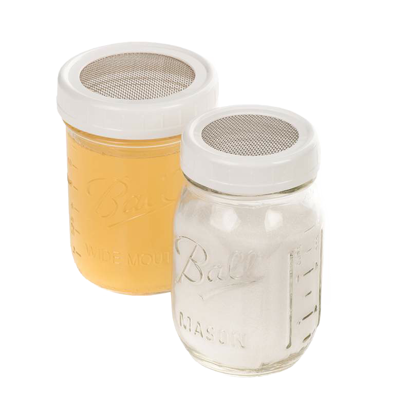 Set of two handcrafted BPA-free plastic strainer lids with corrosion-resistant stainless steel mesh, fitting standard and wide-mouth jars; featured in Kitchen & Food, Storage and Serving, Best Sellers, and Promo Eligible collections.