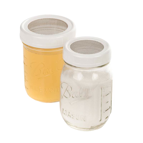Set of two handcrafted BPA-free plastic strainer lids with corrosion-resistant stainless steel mesh, fitting standard and wide-mouth jars; featured in Kitchen & Food, Storage and Serving, Best Sellers, and Promo Eligible collections.