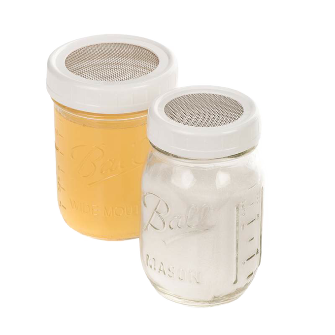 Set of two handcrafted BPA-free plastic strainer lids with corrosion-resistant stainless steel mesh, fitting standard and wide-mouth jars; featured in Kitchen & Food, Storage and Serving, Best Sellers, and Promo Eligible collections.