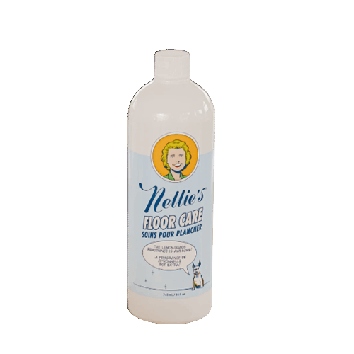 Plastic bottle of gentle plant-based floor cleaner featuring a vintage-style label with a smiling woman illustration and a small dog, part of Home & Decor and Household Cleaning collections.