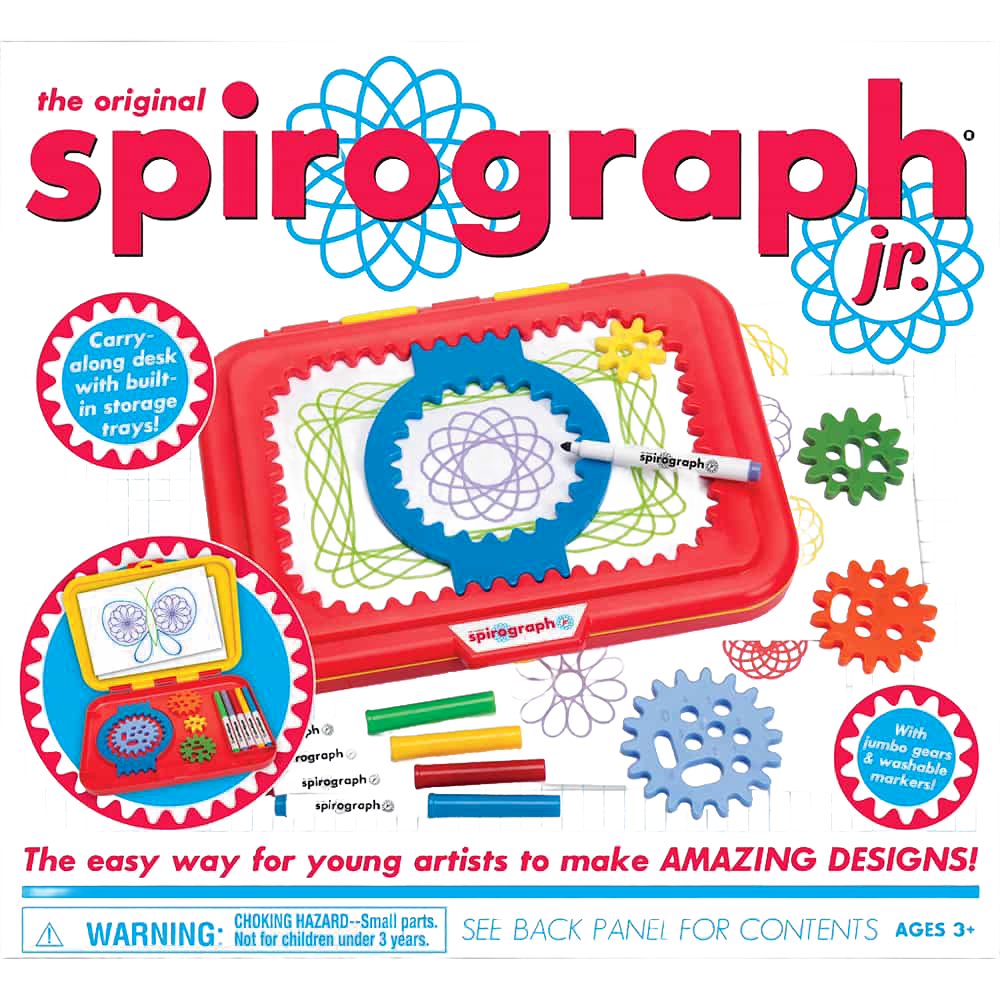 Colorful Spirograph Junior Set featuring large easy-to-use gears, washable markers, and a red carry-along desk with built-in storage trays for creative drawing in children's toys and arts and crafts collections.