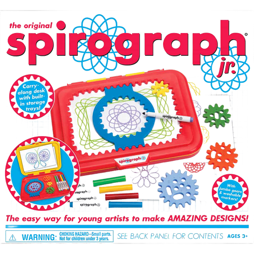 Colorful Spirograph Junior Set featuring large easy-to-use gears, washable markers, and a red carry-along desk with built-in storage trays for creative drawing in children's toys and arts and crafts collections.