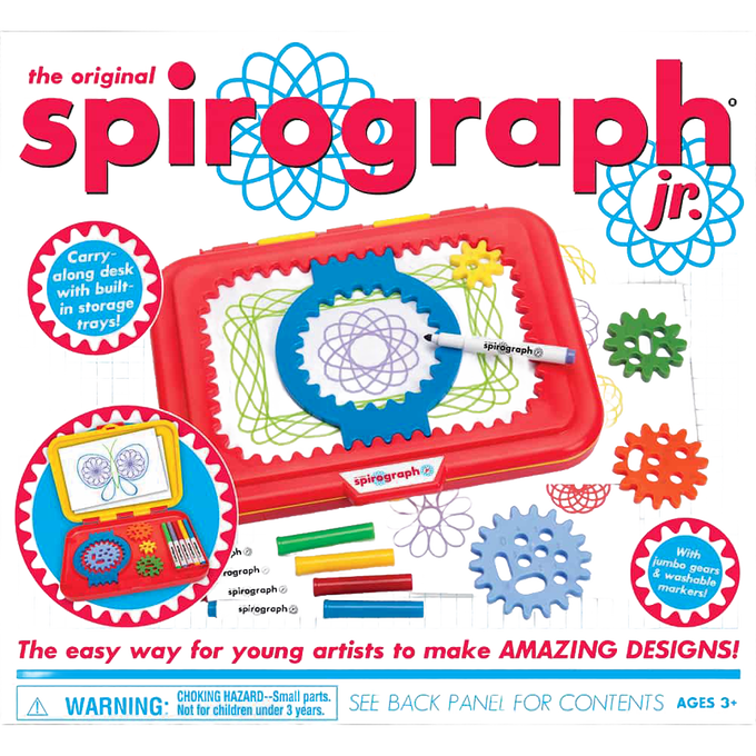 Colorful Spirograph Junior Set featuring large easy-to-use gears, washable markers, and a red carry-along desk with built-in storage trays for creative drawing in children's toys and arts and crafts collections.