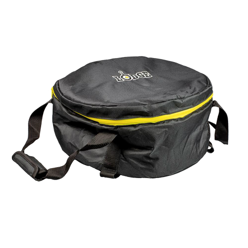 Black weather-resistant polyester tote with bright yellow zipper, thick padding, and strong carry straps, designed for safe transport and storage of camp cookware in outdoor and kitchen settings.