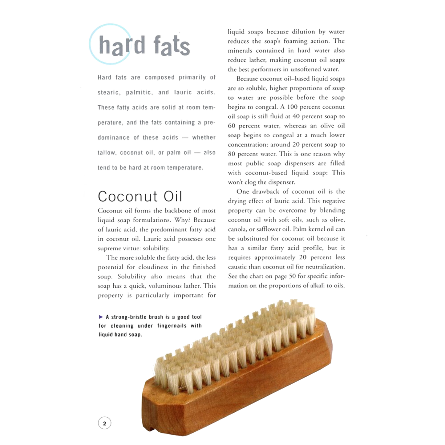 Page from a soapmaking guidebook explaining hard fats with detailed text and featuring a natural wooden brush with dense bristles, part of health and wellness and soapmaking supplies collections.