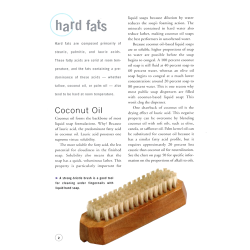 Page from a soapmaking guidebook explaining hard fats with detailed text and featuring a natural wooden brush with dense bristles, part of health and wellness and soapmaking supplies collections.