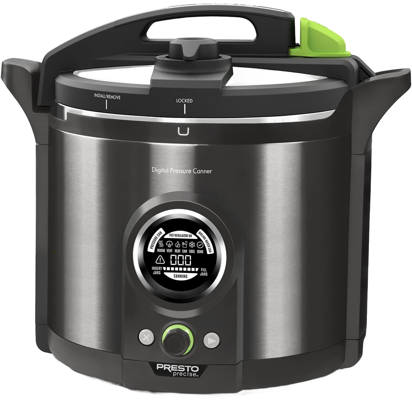 Digital stainless steel electric pressure canner with user-friendly digital display and secure locking lid, ideal for safe food preservation and home canning collections.