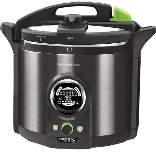 Digital stainless steel electric pressure canner with user-friendly digital display and secure locking lid, ideal for safe food preservation and home canning collections.