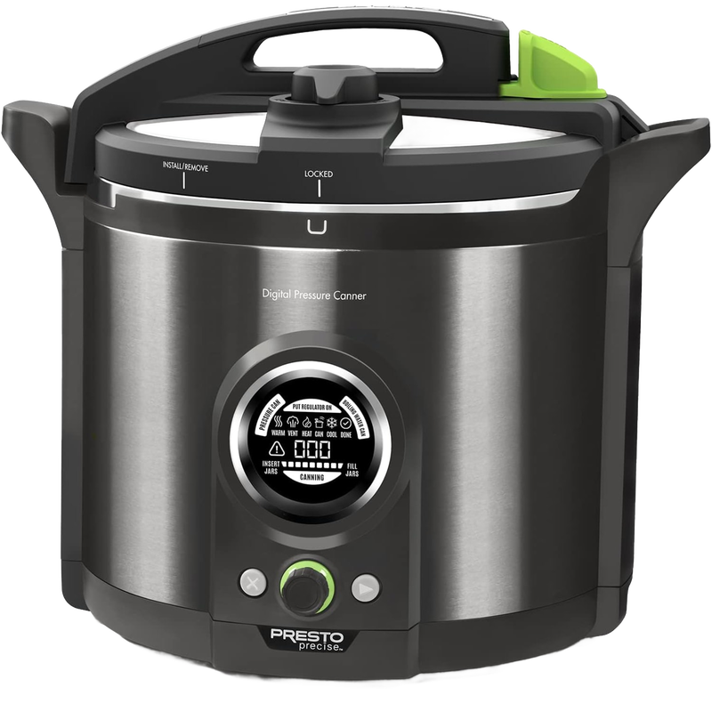Digital stainless steel electric pressure canner with user-friendly digital display and secure locking lid, ideal for safe food preservation and home canning collections.