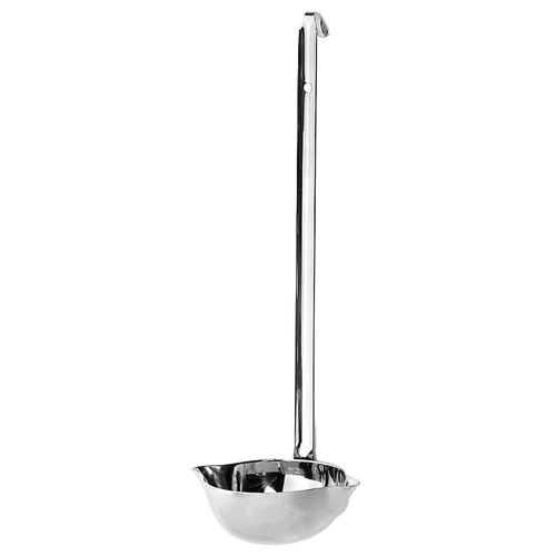 Gleaming stainless steel ladle with a hooked handle and dual spouts designed for easy pouring by both right and left-handed users, perfect for Kitchen & Food and Homesteading collections.