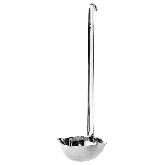 Gleaming stainless steel ladle with a hooked handle and dual spouts designed for easy pouring by both right and left-handed users, perfect for Kitchen & Food and Homesteading collections.