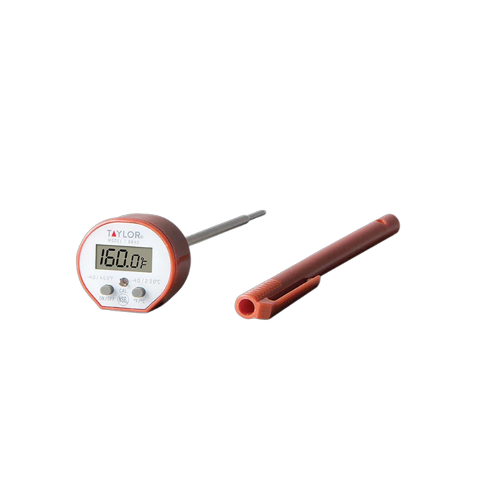 Compact digital cooking thermometer with stainless steel probe and protective brown plastic sheath, ideal for kitchen gadgets, cooking helpers, and health-conscious food preparation.
