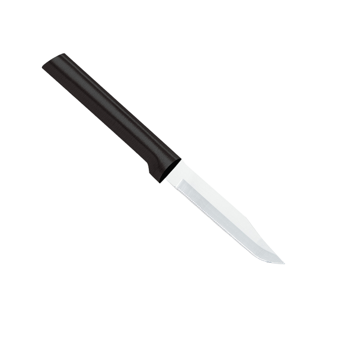 Handcrafted serrated paring knife with super-fine high carbon stainless steel blade and smooth black handle, made in USA, ideal for Kitchen Knives, Food Prep, and Farm, Garden & Tool collections.