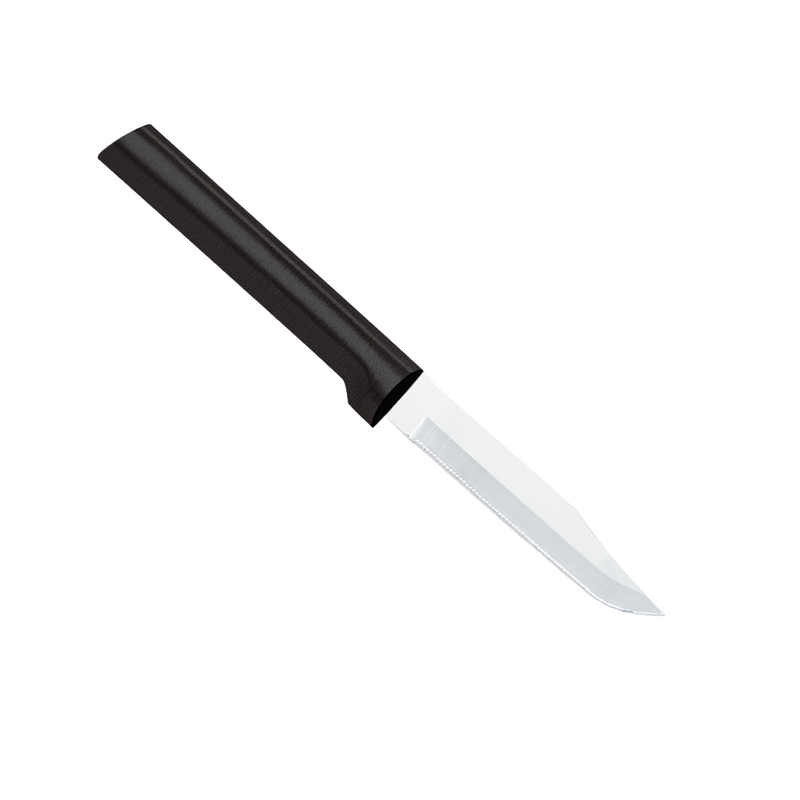 Handcrafted serrated paring knife with super-fine high carbon stainless steel blade and smooth black handle, made in USA, ideal for Kitchen Knives, Food Prep, and Farm, Garden & Tool collections.
