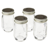 Set of four clear mini glass jars with silver metal lids, handcrafted in the USA, perfect for storage and organization in Home & Decor and Kitchen & Food collections.